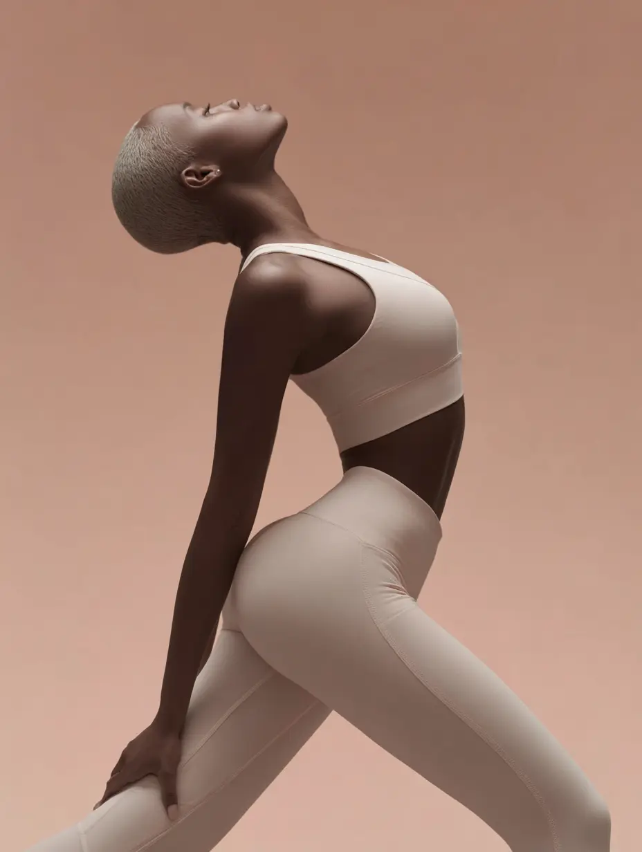 Elegant female athlete stretching in minimal beige studio setting.